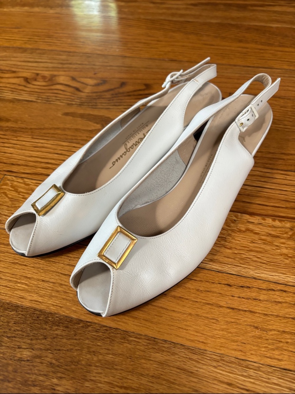 Salvatore Ferragamo White Leather Peep-Toe Slingback Flats with Gold Buckle 7